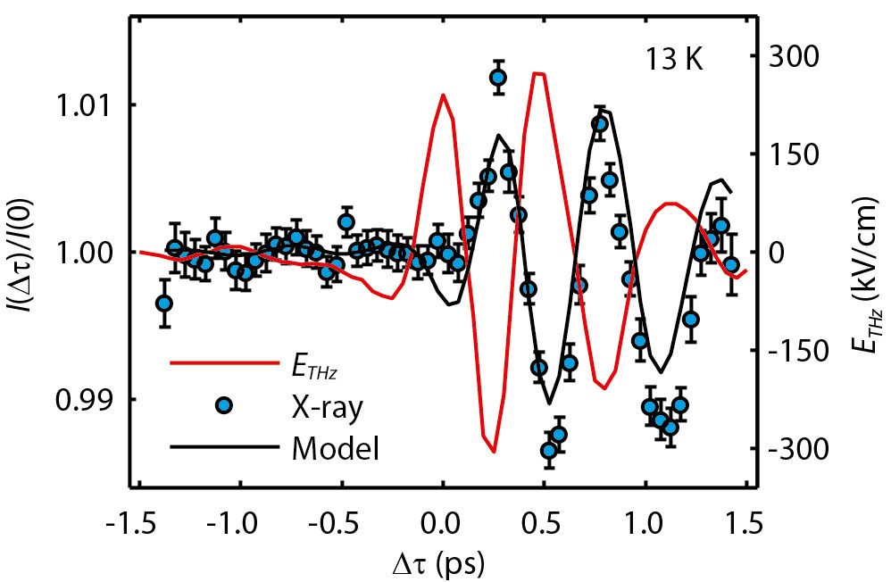 Die Ablenkung der magnetischen Momente (schwarze Linie) folgt dem elektrischen Feld des Terahertz-Pulses (rote Linie) mit einer kurzen Verzögerung. Die blauen Punkte zeigen die Messergebnisse. Reprinted with permission from  Kubacka et al., Science Express (2014)  DOI: 10.1126/science.1242862