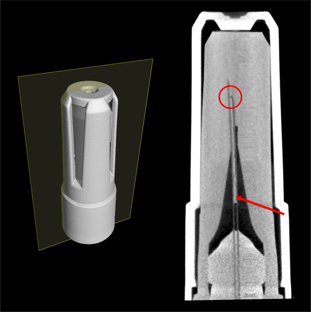 Neutron tomography image of a pre-filled syringe in which some of the medication has intruded into the cannula. Left: 3D view of the needle including its protective cap. Right: Cross-section through the interior of the needle (along the surface shown in yellow in the left picture). The red arrow indicates the medication that has intruded into the cannula, visible as a light area; the red circle marks one of several dark-looking cracks in the medication in the cannula. (Photo: Paul Scherrer Institute/Christ…