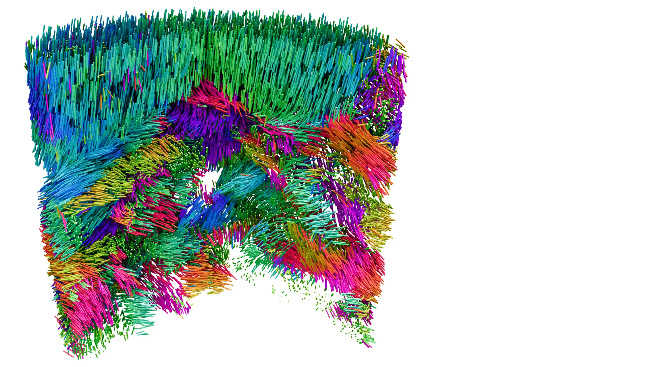 Many functional materials are composed of coherent domains or grains, where molecules and atoms are arranged in a repeating pattern that determines performance. X-ray Linear Dichroic Orientation Tomography (XL-DOT) allows 3D mapping of material microstructure at the nanoscale. Here, the technique is applied to a pillar of vanadium pentoxide catalyst, used in the production of sulfuric acid. The colours in the tomogram represent the different orientation of grains. 