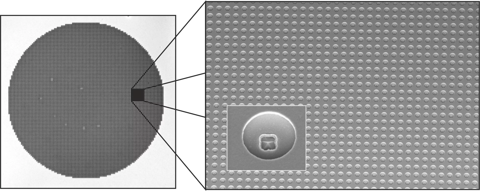 Double-gate FEA with 40'000 tips with 2 mm diameter. (Left) Overview, (Right) Closeup of a small part of the FEA and a single emitter