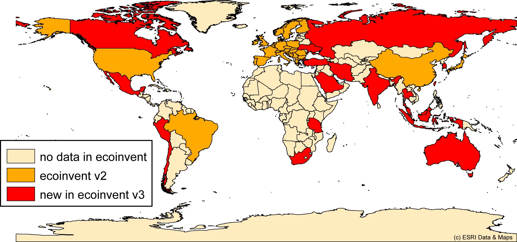 The ecoinvent database is becoming more and more comprehensive. On the map : in orange, countries with inventory data for electricity production in the second version of ecoinvent, in red: countries that have been added in the third version. The rest are countries for which there is no data for electricity production in ecoinvent.Source: Paul Scherrer Institute.