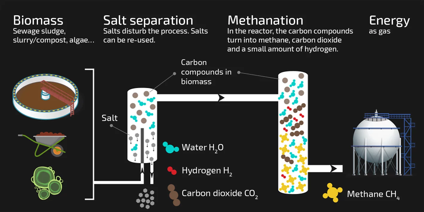 How methane is formed from moist spent coffee grounds: a schematic illustration of the process. (Graphics: Paul Scherrer Institute/Mahir Dzambegovic)