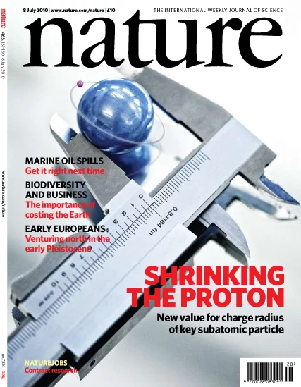 Measuring the radius of the proton on the cover of the journal Nature Reprinted by permission from Macmillan Publishers Ltd: Pohl, R. et al.  Nature 466, 213-217 (2010)