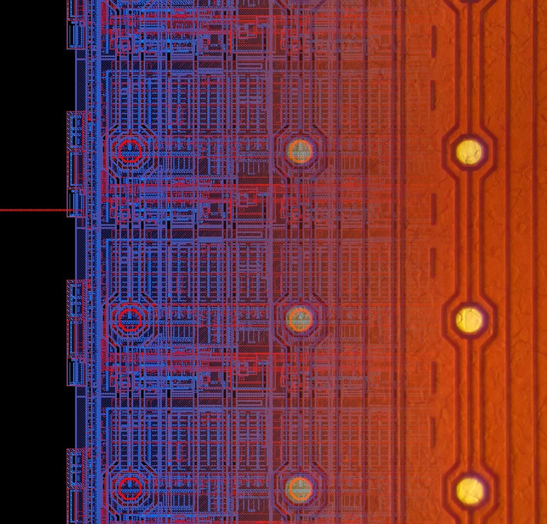 Teil eines Prototypen des 'Jungfrau'-Detektorchips: Mikroskopabbildung (rechts) und Pixelstruktur (links) sind ueberlagert. Die neun Pixel sind in einem komplexen System miteinander verschaltet. Detektormodule für den SwissFEL setzen sich aus Millionen solcher kleinen Pixel zusammen. Grafik: Aldo Mozzanica