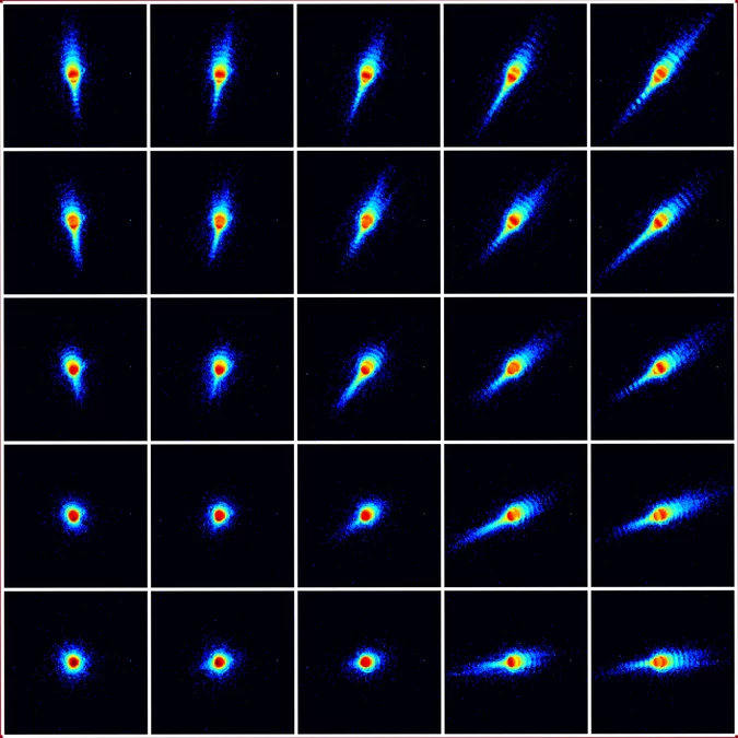 Fig. 3| Twenty-five out of typically ten-thousand coherent x-ray diffraction images used
for reconstructing one single super-resolution x-ray micrograph.