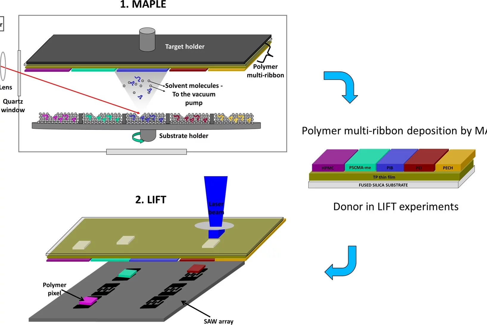 Scheme of the laser based methods applied for coating the SAW devices: MAPLE is used to fabricate in one step a polymer multi-ribbon, which is afterwards used as a donor for printing by LIFT of polymer pixels onto the SAW resonator. From Fig. 1
