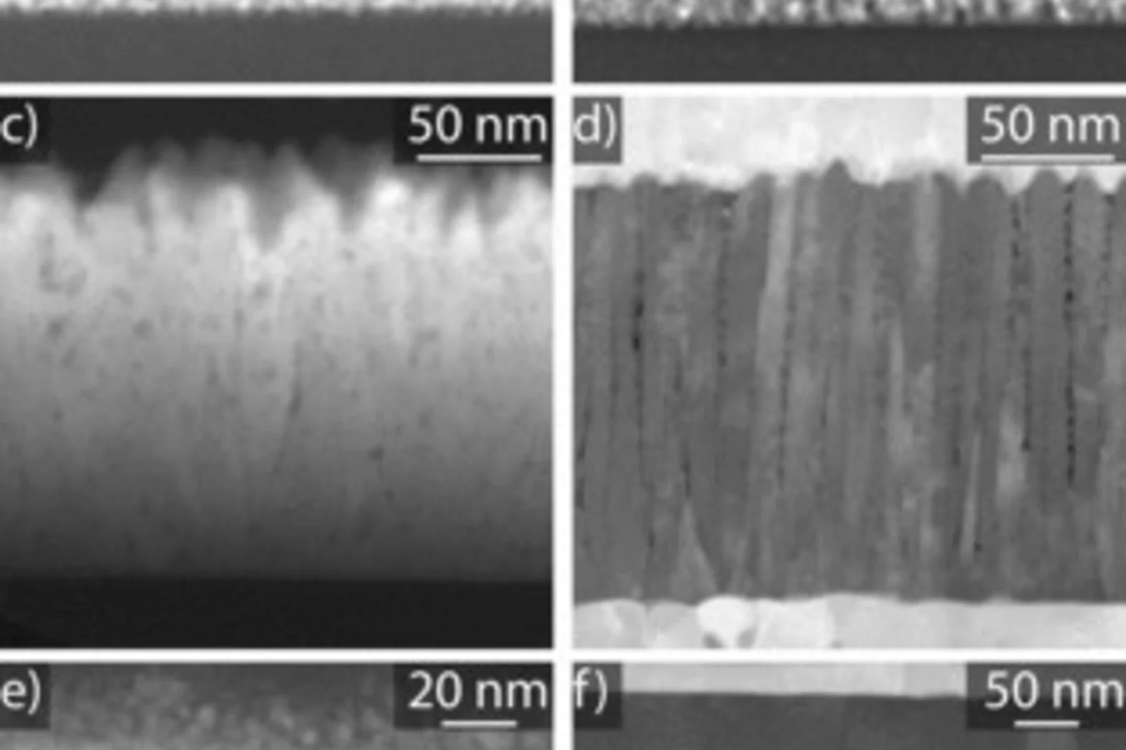 HAADF STEM micrographs of YSZ thin films deposited by different methods. a) 8YSZ SP (Tdep = 370 °C; Tpa = 600 °C, 20 h), b) 8YSZ AA-CVD (Tdep = 450 °C, Tpa = 600 °C, 20 h), c) 8YSZ AA-CVD (Tdep = 600 °C, Tpa = 600 °C for 20 h), d) 3YSZ PLD (Tdep = 450 °C, pO2 = 7 Pa, Tpa = 600 °C, 1 h) with top and bottom electrode, e) 3YSZ PLD (Tdep = 450 °C, pO2 = 1 Pa, Tpa = 600 °C, 1 h), and f) 8YSZ PLD (Tdep = 700 °C, pO2 = 2.7 Pa, Tpa = 600 °C, 20 h) with top and bottom electrodes.