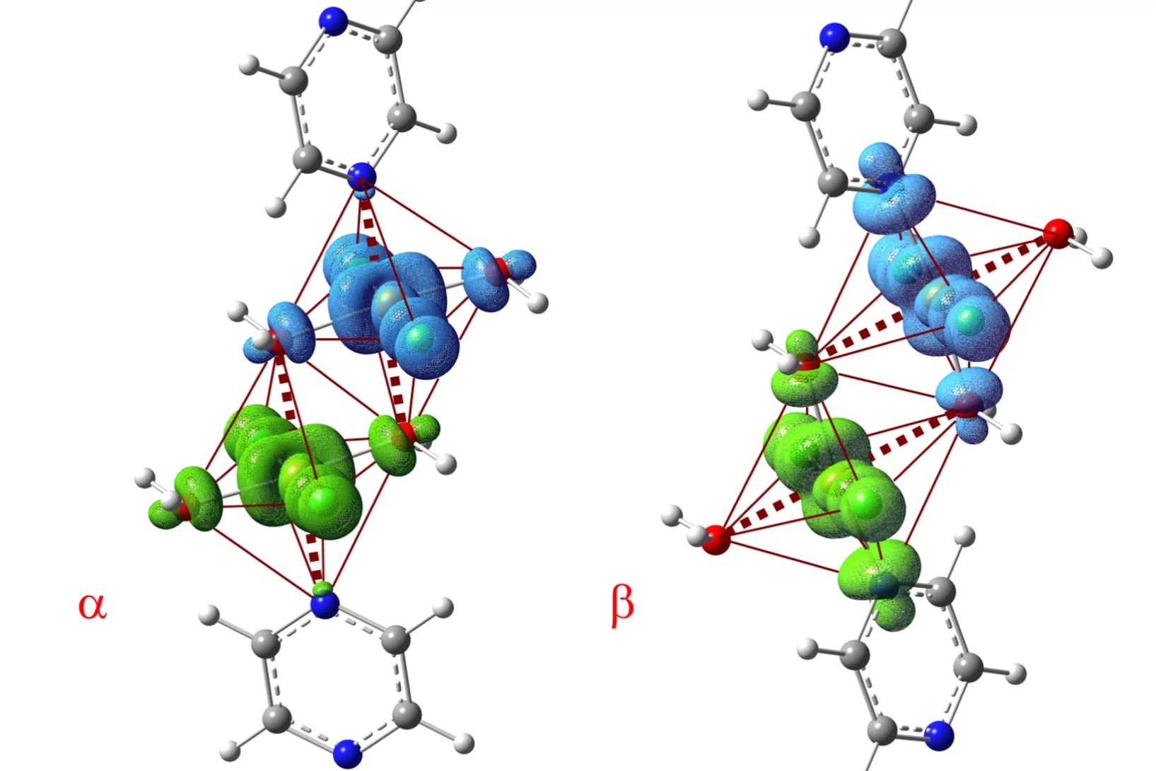 Crystallographic structure of [CuF2(H2O)2]2pyrazine below (left) and above the structural phase transition observed at 18 kbar. The images show calculated spin-density distributions of the ground state, with spins up and down represented in cyan and green, respectively. (Image adapted from [1].)
