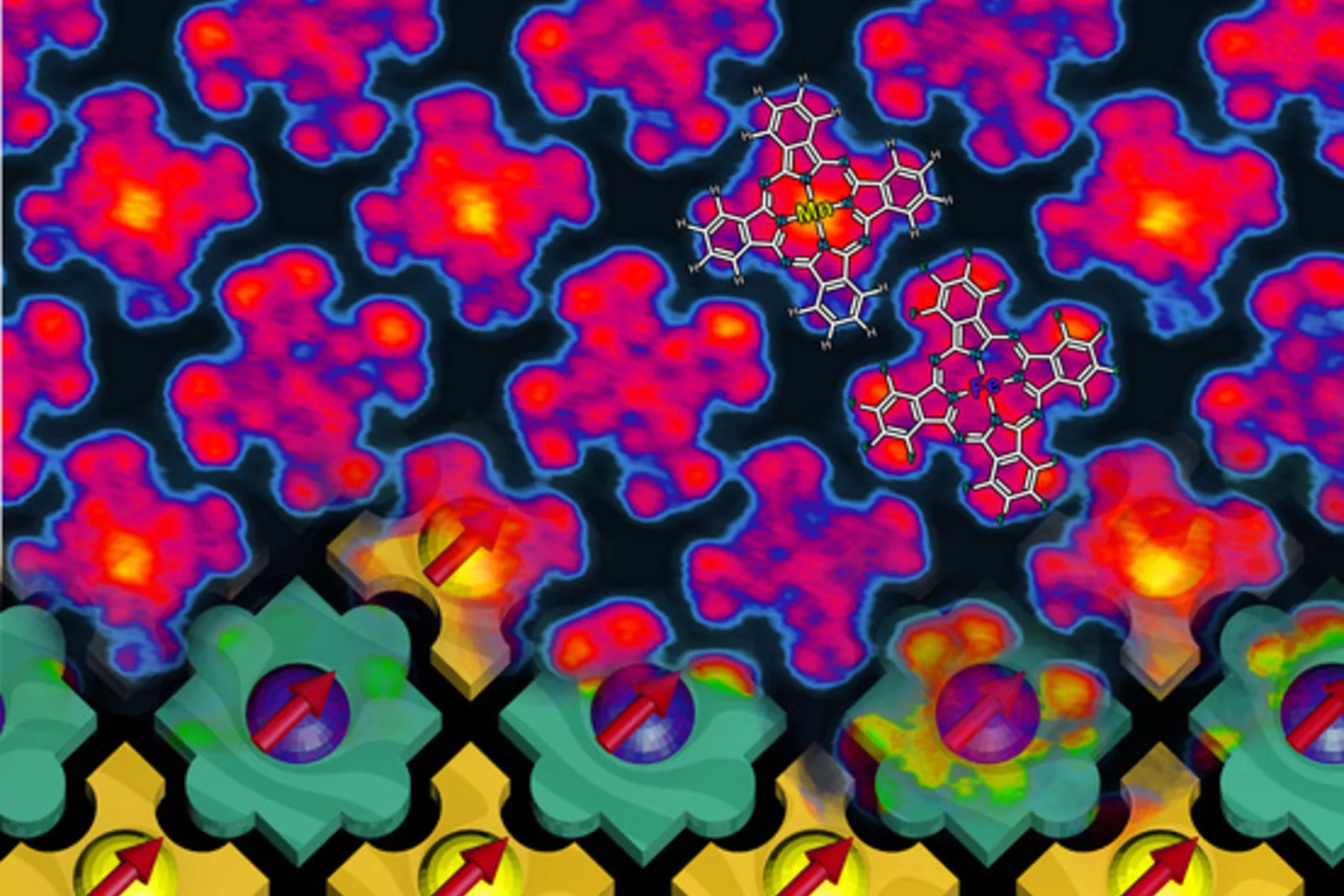 Magnetic nano-chessboard. Upper part: Visualisation of the molecule using a scanning tunnel microscope; the molecular structure is indicated for two of the molecules. Lower part: Schematic representation of the self-assembly of the molecules; they fit together like pieces of a jigsaw puzzle and arrange themselves in a continuously alternating pattern.