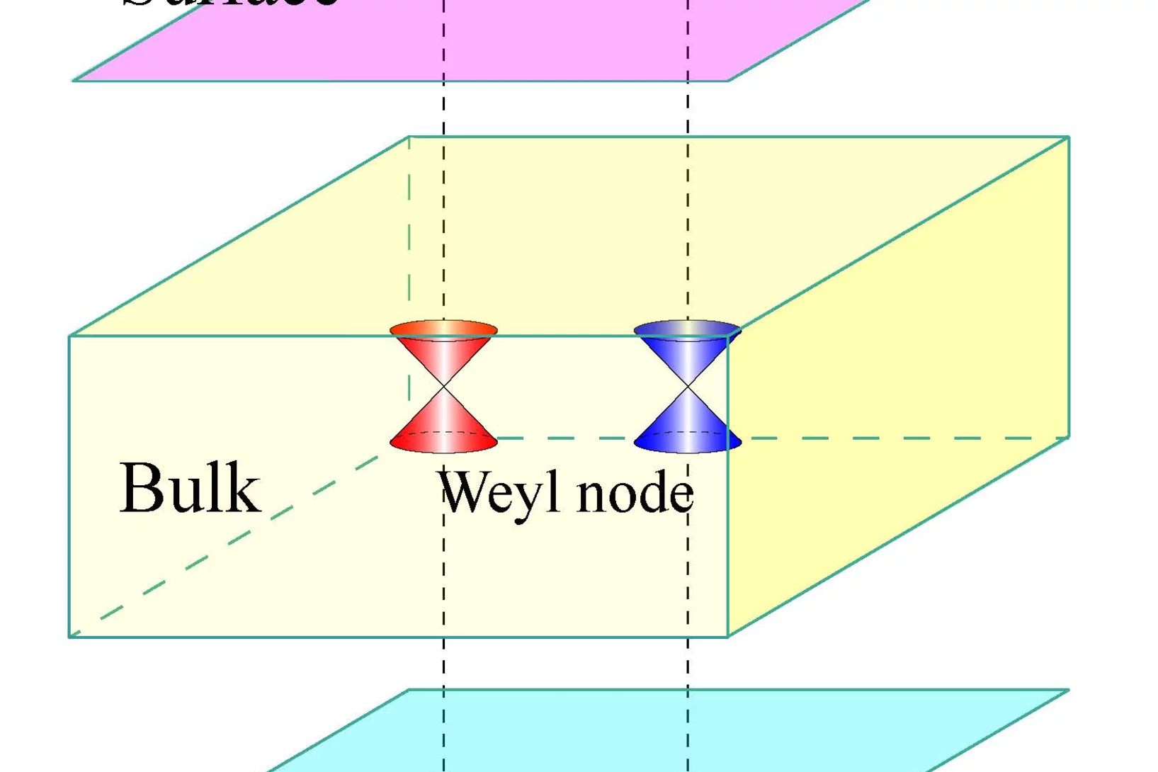 Schematic of a Weyl semimetal with spin polarized Fermi arcs on its surfaces connecting the projections of two Weyl nodes with opposite chirality.