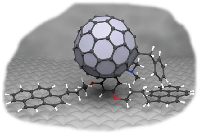 Artist's view of the functionalized endohedral fullerene on a graphite surface.